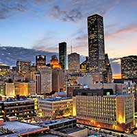 HDR photograph of Houston, Texas cityscape at dusk, taken 2012.