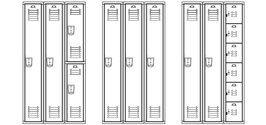 Line drawing of lockers, three banks of three frames.