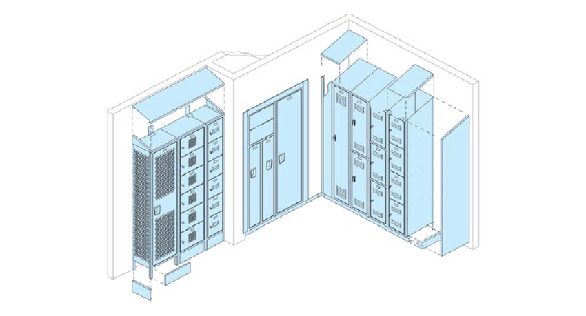 Can you name all the locker accessories and installation parts shown in this image? Line drawing showing examples of commercial locker terms.