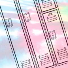Line drawing of locker fronts set against multicolored background.