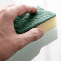 Hand holding a yellow and green sponge