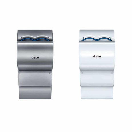 Gray and white Dyson Airblade dB hand dryers shown side-by-side.