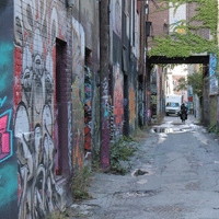 Phenolic toilet partitions are resistant to vandalism. Image of a vandalized alley.