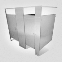 Stainless steel toilet partitions add a high-end touch to any restroom. Image of two stall stainless steel partitions against white.