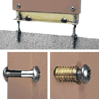 Composite toilet partition mounting hardware.