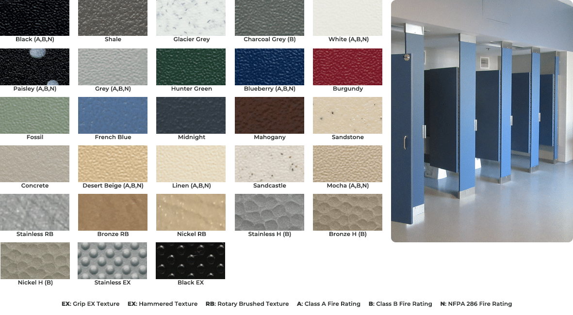 Color chart for solid plastic bathroom partitions