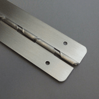 Scranton Products produces the helix hinge. Photograph of toilet partition hardware.