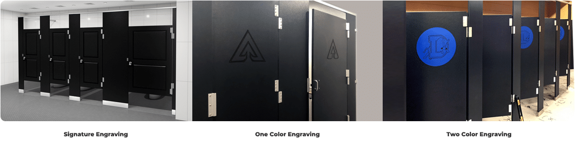Engraved solid plastic toilet partitions