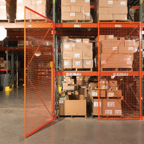BeastWire pallet rack guarding creates locking storage when equipped with doors.