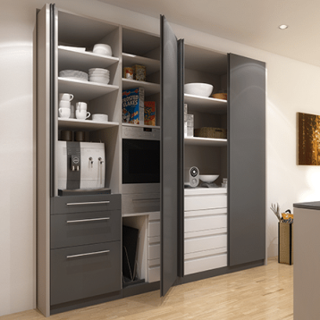Rendered image showing the Hawa Concepta Pivot/Sliding Door Kit used to contain a kitchen pantry and cooking appliances.