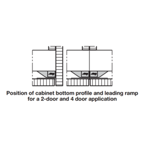 Line Drawing Labelled "Position of cabinet bottom profile and leading ramp for a 2-door and 4 door application"