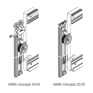 Illustration of Hawa Concepta part, showing the difference in design between the 40/50 and 25/30 kit.