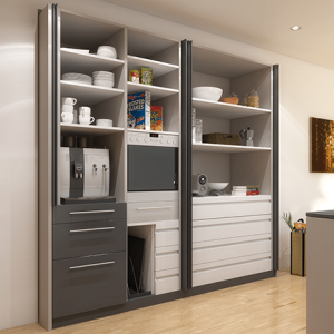 Rendering of an opened Concepta cabinet system. Doors are stored out of the way, reducing physical and visual clutter.