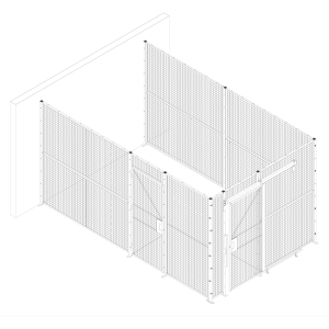 Line drawing of a wire mesh partition constructed using BeastWire. Features two doors (one sliding) and three walls.
