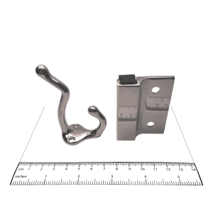 Photograph of hook and keeper from Bobrick Out-Swing Door Hardware Kit – 1002039, with ruler.