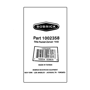 Scanned image of label on Bobrick Stile Bracket Packet (Stile-to-Wall) - 1002358 package.