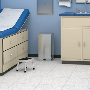 Rendering of the Bobrick Foot-Operated Waste Receptacle B-220816 in an exam room.