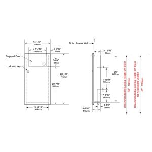 Line drawing of Bobrick Recessed Waste Receptacle with Disposal Door B-35633, multiple views.