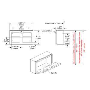 Line drawing showing dimensions of Bobrick Surface-Mounted Multi-Roll Toilet Tissue Dispenser B-3588.