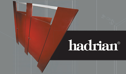 Hadrian logo in white against brown bar with photo of red toilet stalls.