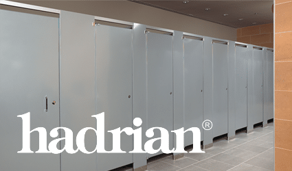 Partition Plus sells Hadrian Toilet Partitions Beige toilet partitions with Hadrian logo