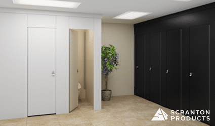 Aria toilet partitions with Scranton Products logo