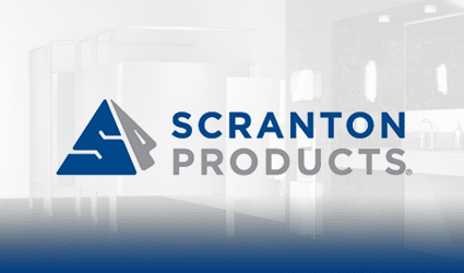 Scranton Products logo over contemporary toilet partitions
