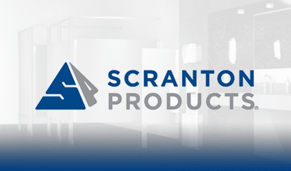 Graphic of Scranton Products logo against a faded image of a contemporary restroom.