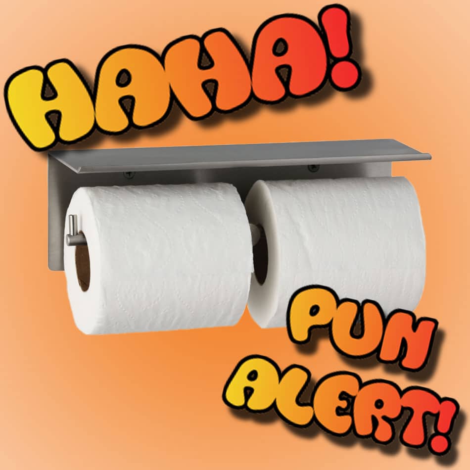 Composite of B-540 toilet tissue dispenser and comic-style text.
