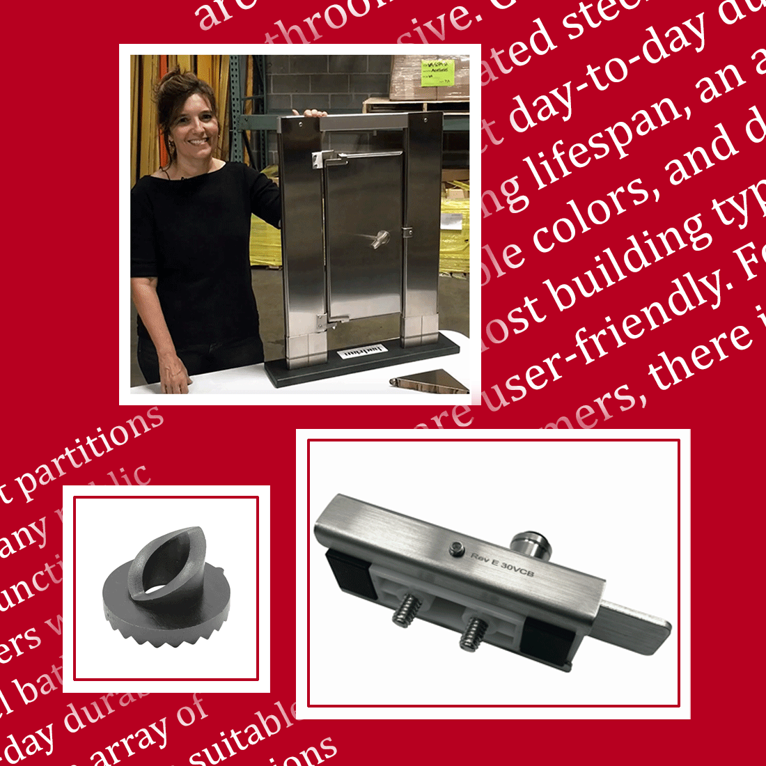 Composite image showing a friendly employee and detailed product photos, with product description text in the background.