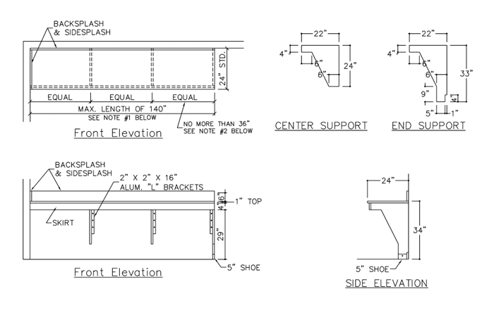 Line drawings of HDPE vanity for public restroom.