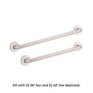 Photo composite with text showing two Bobrick B-6806 grab bars: one 36" and one 42".