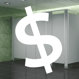 Dollar Sign Over a Rendering of Bathroom Stalls