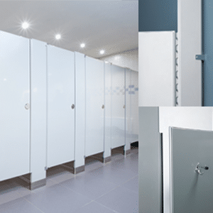 White Powder Coated Steel Partitions photo, a hinge photo, and a coat hook photo