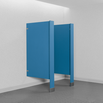 Photograph of Bobrick floor-mounted urinal screens in plastic laminate.