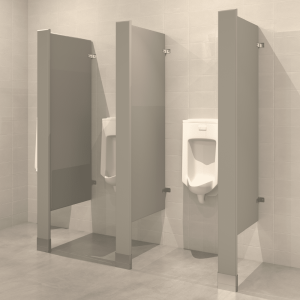 Photograph of Hadrian floor mounted urinal screens in powder-coated steel.