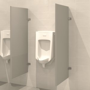 Photograph of Hadrian wall hung urinal screens in powder-coated steel.