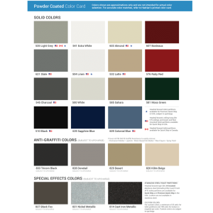 Color chart graphic for Hadrian powder-coated steel.