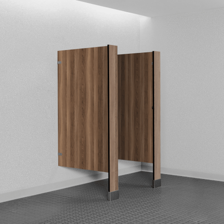 Photograph of Bobrick floor-mounted urinal screens in solid phenolic.