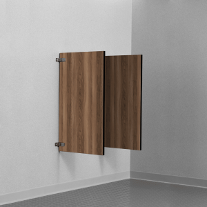 Photograph of Bobrick wall-hung urinal screens in solid phenolic.