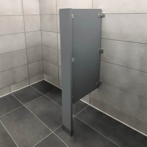 Photograph of Scranton Products floor-mounted urinal screens in HDPE.