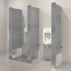 Photograph of Hadrian floor mounted urinal screens in stainless steel.