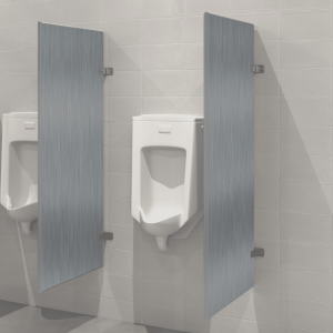 Photograph of Hadrian wall hung urinal screens in stainless steel.