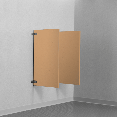 Photograph of Bobrick wall hung urinal screens in solid core reinforced composite.