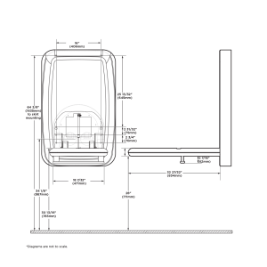 Diagram showing Koala Kare KB311-SSWM vertical surface-mount baby changing station dimensions, when open.