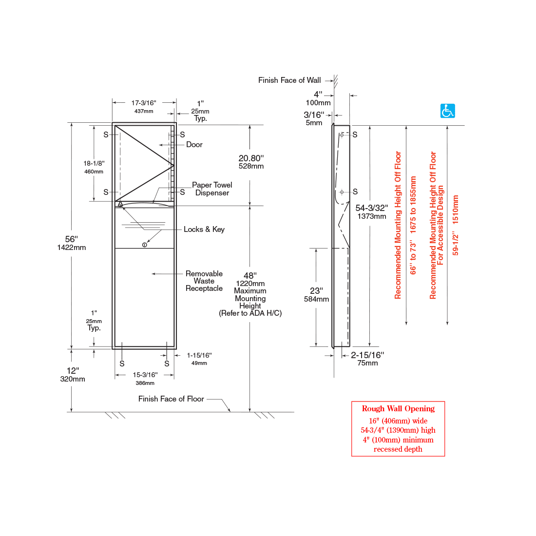 Bobrick B-3940 Flush Mount Towel/Waste Combo Unit Partition Plus