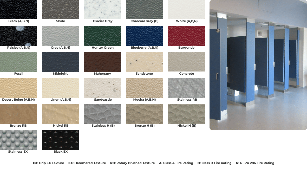 Color chart for solid plastic toilet partitions