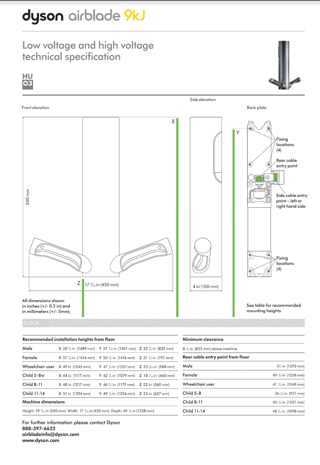 Thumbnail of the Dyson Airblade 9KJ Hand Dryer Specification Sheet PDF