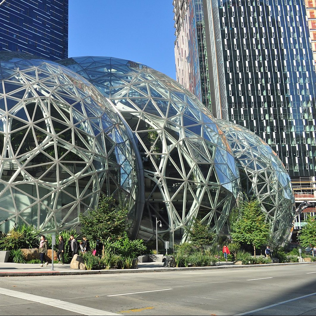 Photograph of glass and metal Amazon Spheres in Seattle, Washington.