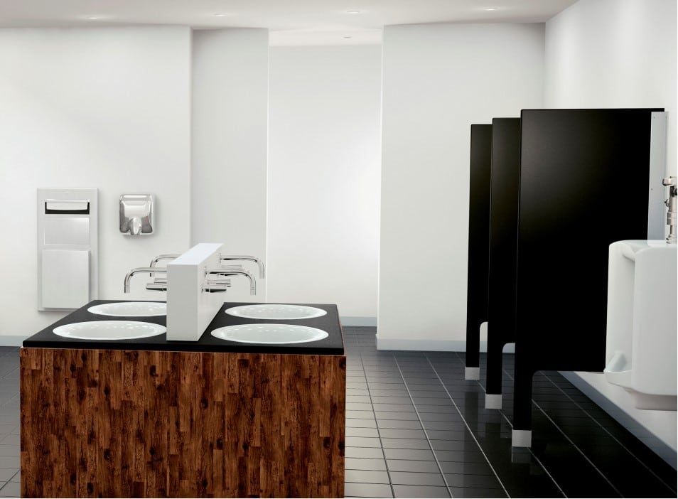 Black HDPE solid plastic vanity tops and urinal screens in a public bathroom